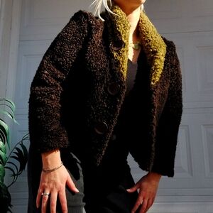 VTG EUC Habitat Clothes to Live in brown green Chunky Faux Fur Coat Jacket boho